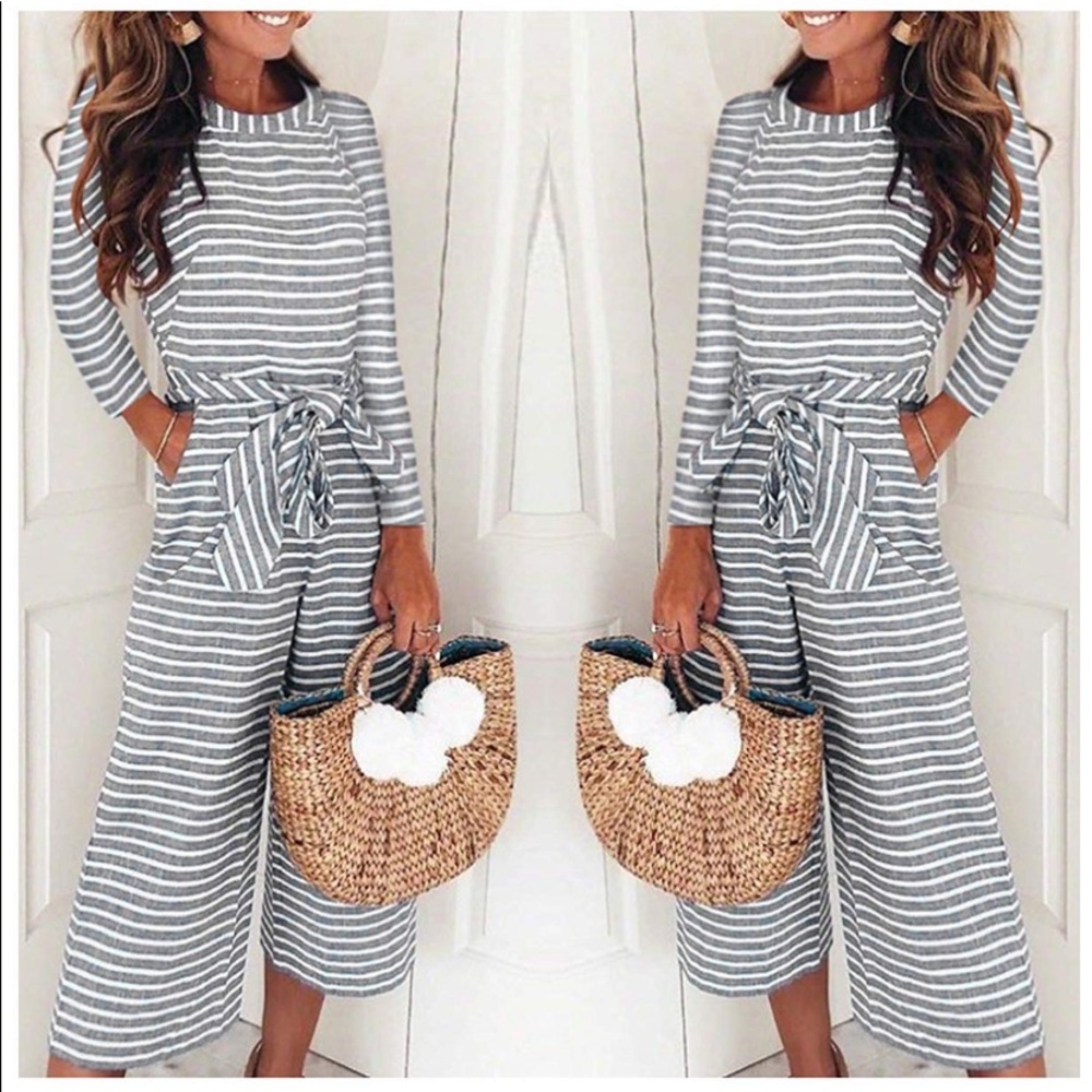 ✅Women Striped Jumpsuits Belted Wide Legged Romper